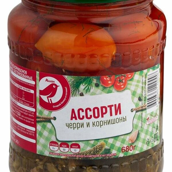 Ассорти овощное АШАН Красная птица черри и корнишоны