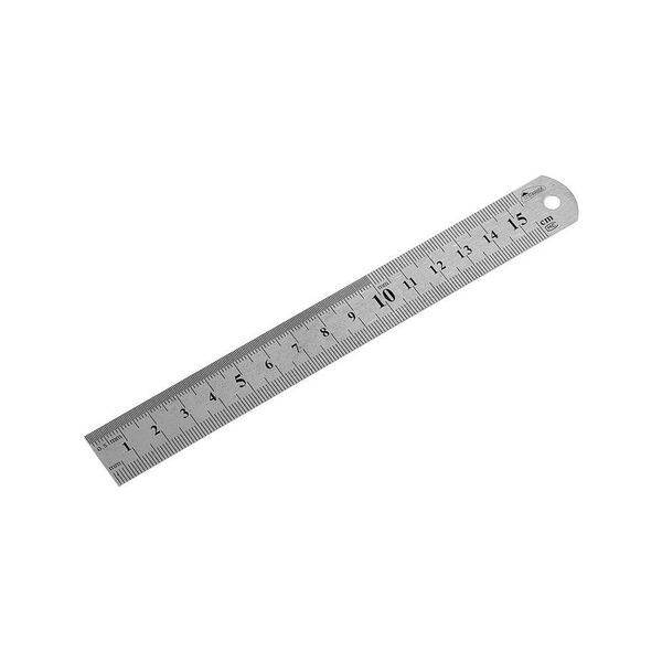 Линейка металлическая нерж. сталь, 2 метрич. шкалы в см (сверху и снизу), отверстие , 150мм