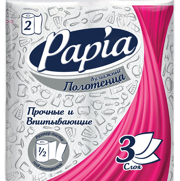 Бумажные полотенца Papia Впитывающие и прочные белые, 3 слоя, 2 рулона