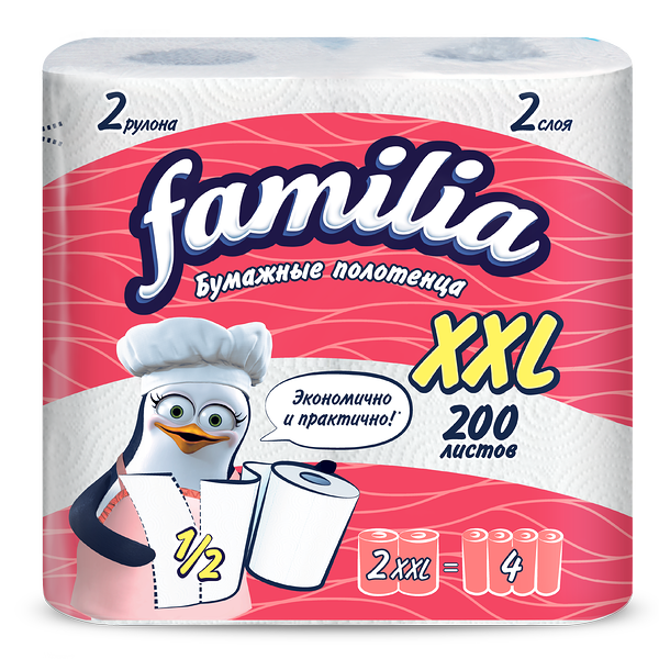 Бумажные полотенца Familia XXL белые 2 слоя, 2 рулона, 200 листов