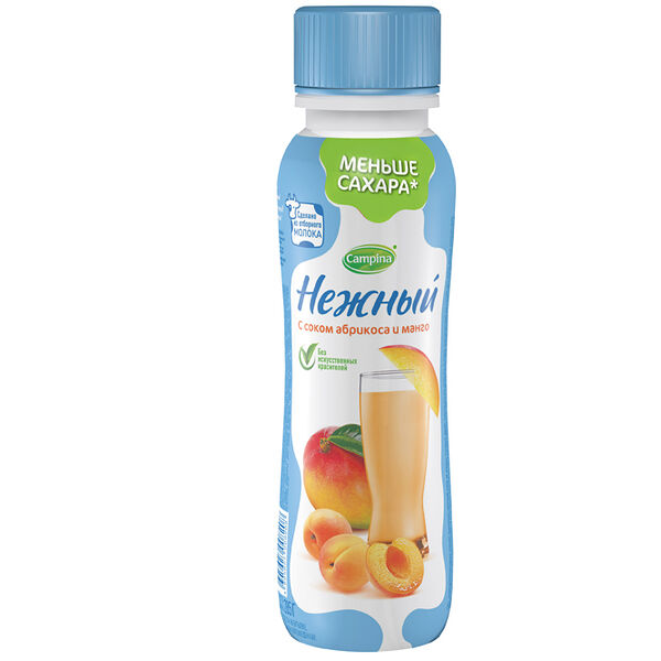 Напиток йогуртный стер НЕЖНЫЙ жир. 0.1% с соком абрикоса и манго вес 285г Campina