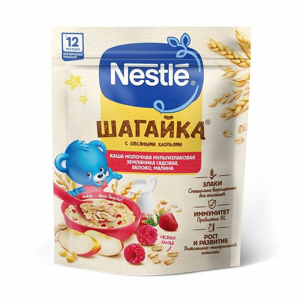 Каша Nestlé Шагайка молочная мультизлаковая земляника садовая-яблоко-малина с бифидобактериями BL с 12 месяцев, 190г
