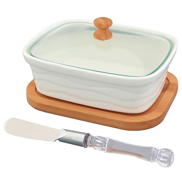 Паштетница Elan Gallery Айсберг с крышкой на подставке + нож, 14,5 см, фарфор/ бамбук