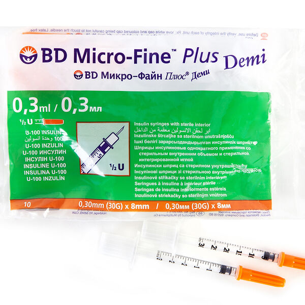 Шприц инсулиновый BD Micro-Fine Plus Demi U-100 30G 0.30 х 8 мм 0.3 мл 10 шт