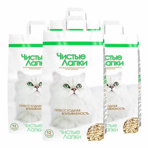 Наполнитель для кошачьего туалета ЧИСТЫЕ ЛАПКИ древесный 12л (упаковка - 4 шт)