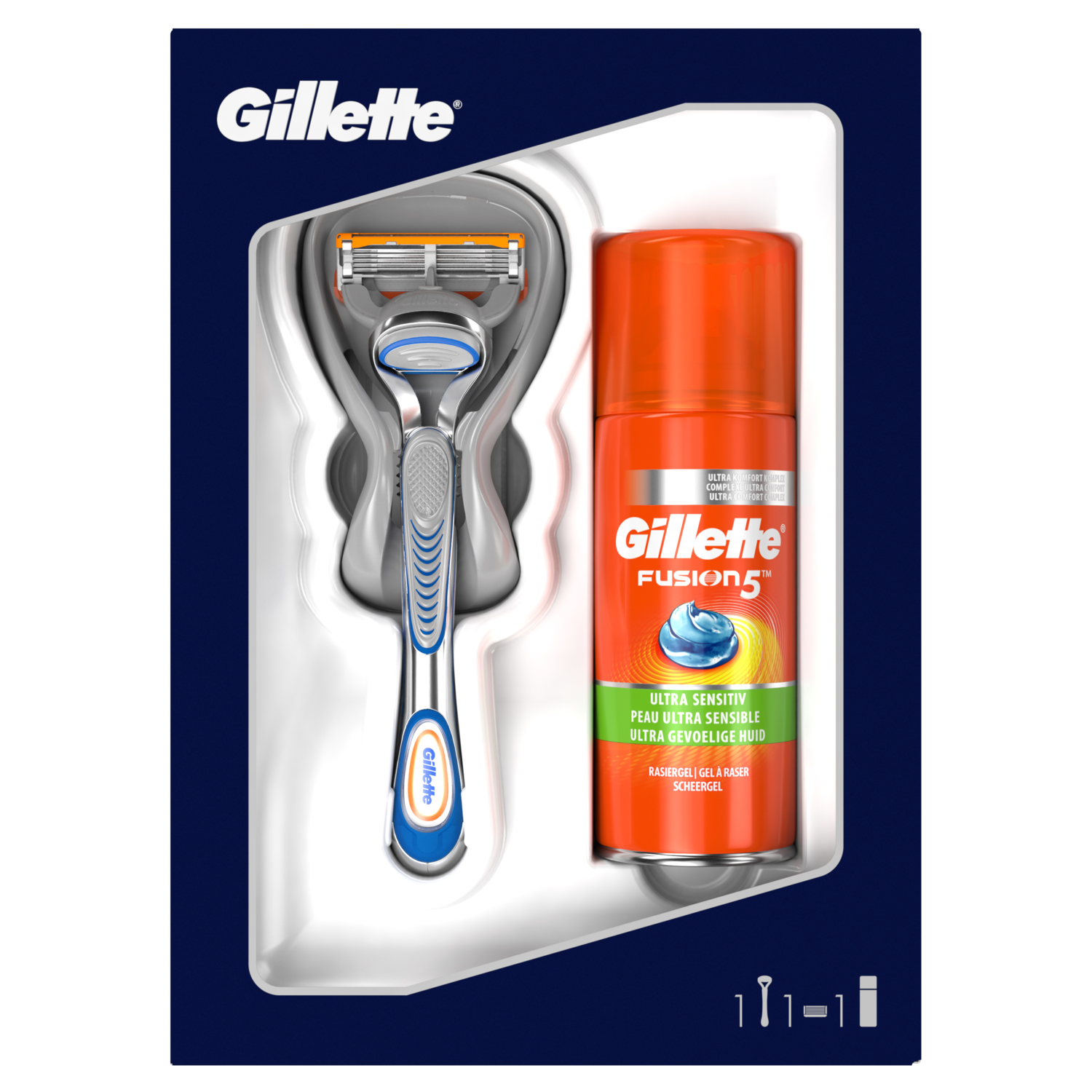 

Подарочный набор Gillette Fusion: бритва, кассета, гель для бритья 75 мл дизайн упаковки в ассортименте
