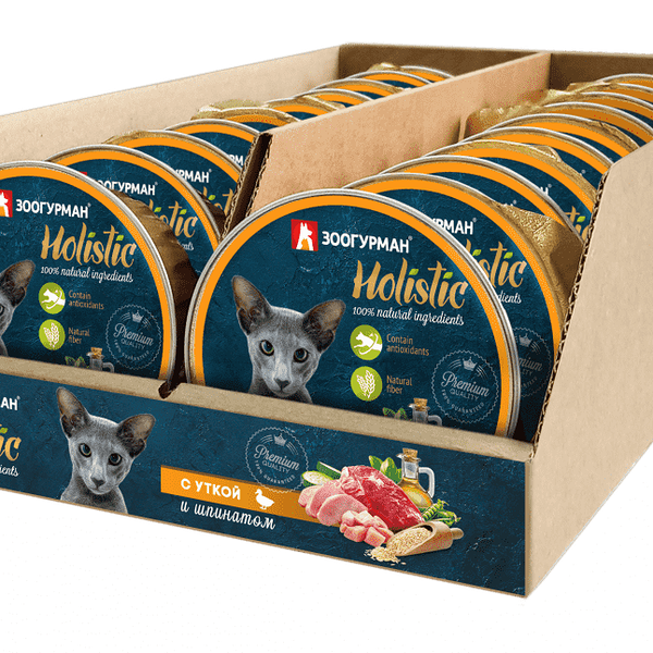 Корм для кошек ЗООГУРМАН Holistic утка со шпинатом ламист. 100г (упаковка - 20 шт)