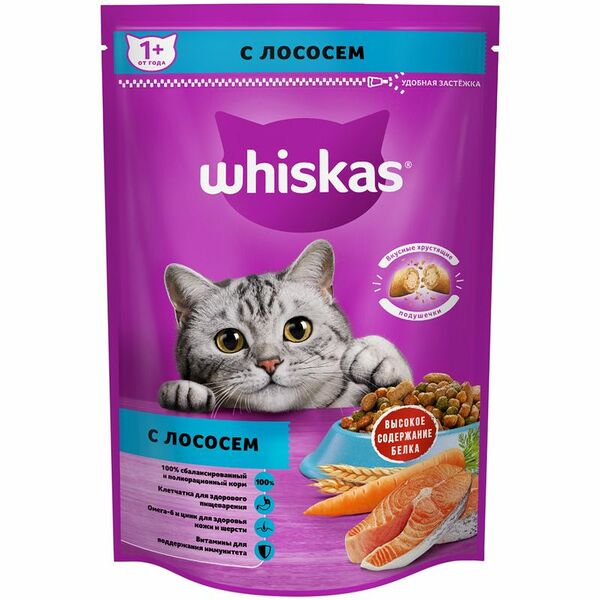 Корм сухой Whiskas Вкусные подушечки с паштетом Аппетитный обед с лососем для кошек, 350г