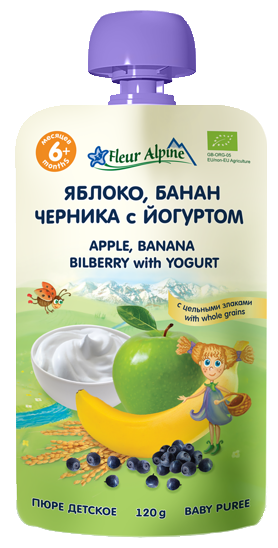 Пюре «Яблоко, банан, черника с йогуртом и цельными злаками» с 6 месяцев, Fleur Alpine Organic