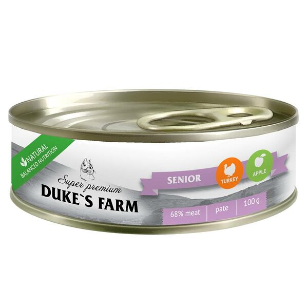 Корм для кошек DUKE'S FARM для пожилых, паштет индейка, яблоко банка