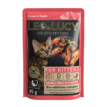 Корм влажный для котят Leo&Lucy кусочки в соусе с курицей, кроликом и биодобавками 85г, Россия