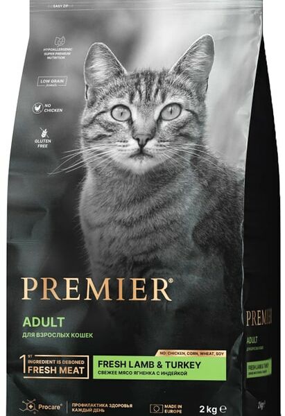Сухой корм для кошек Premier Cat Lamb&Turkey Adult Свежее мясо ягненка с индейкой 2кг
