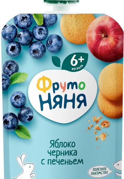 Пюре ФрутоНяня яблоко-черничное с печеньем с 6 месяцев, 90г