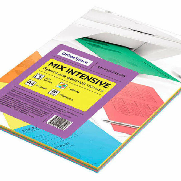 Бумага цветная А4 5 цветов ТМ OfficeSpace (ОфисСпейс),100 л