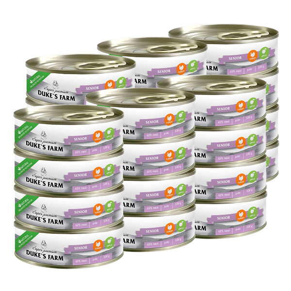 Корм для кошек DUKE'S FARM для пожилых, паштет индейка, яблоко банка 100г (упаковка - 24 шт)