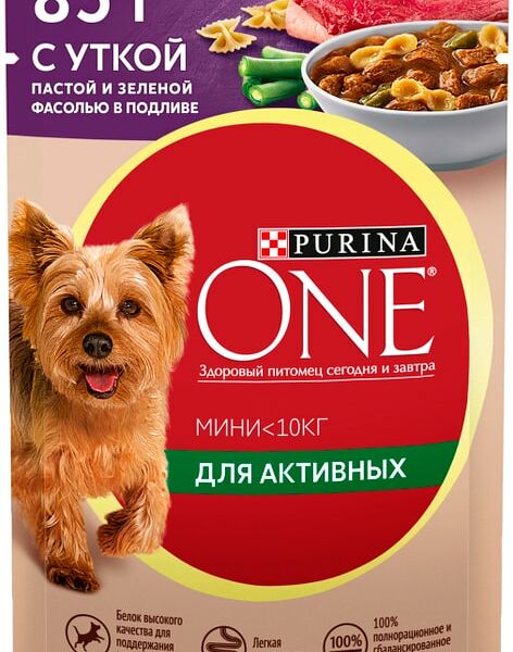 Влажный корм для собак Purina ONE для мелких пород с уткой пастой и зеленой фасолью в подливе 85г