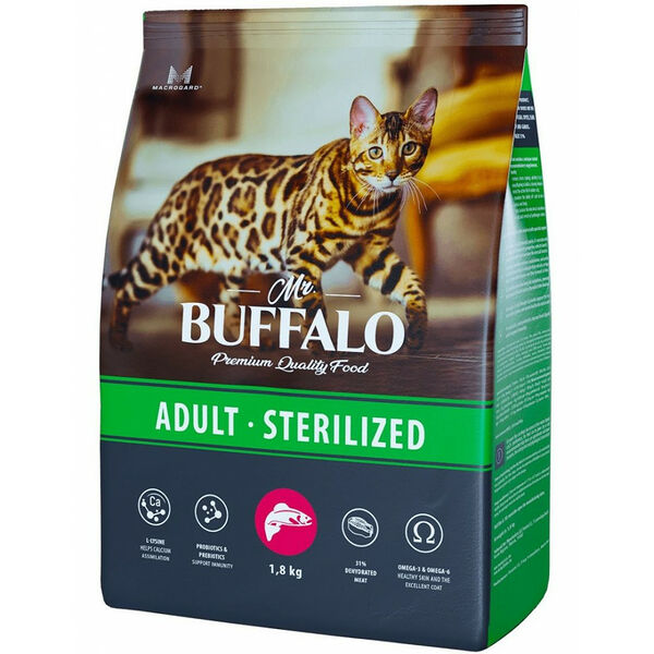 Mr. Buffalo Adult sterilized с лососем для взрослых стерилизованных кошек и кастрированных котов 1,8 кг