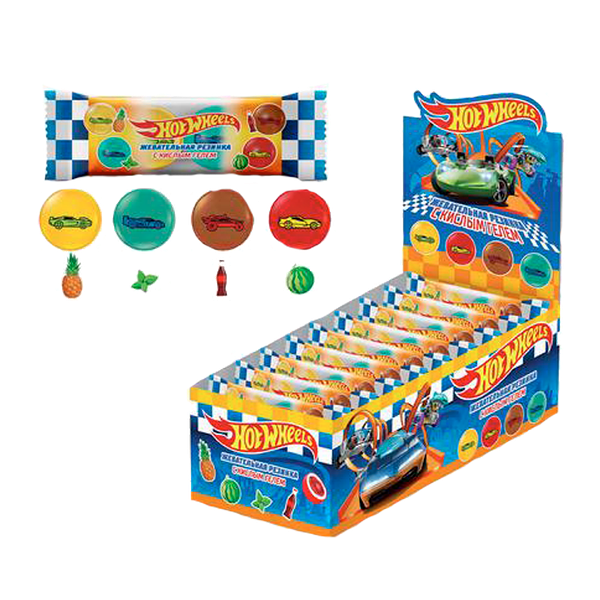 Жевательная резинка Hot Wheels со вк ананаса,мяты,колы,арбуза с жидк центром со вк лимона 24г