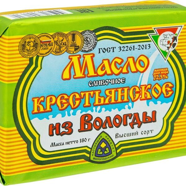 Масло сливочное Из Вологды Крестьянское 72.5% 180г
