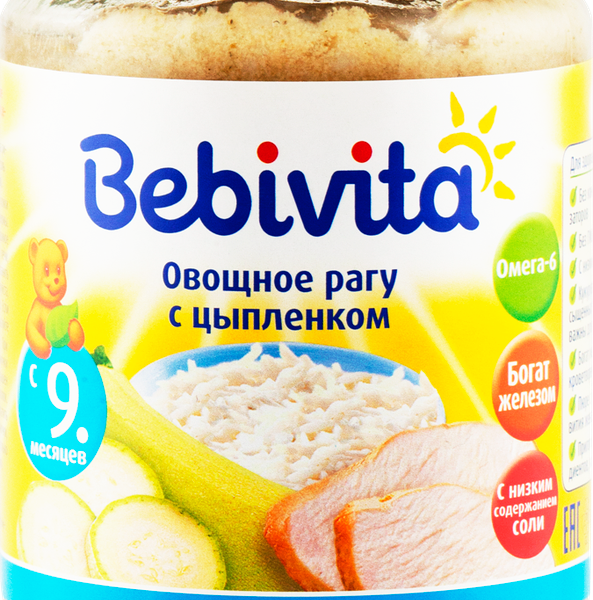 Д/п пюре BEBIVITA Овощное рагу с цыпленком с 9 мес ст/б