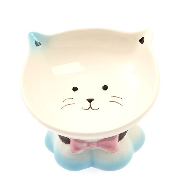 Миска для кошек на ножке с ушками голубая 13,5см