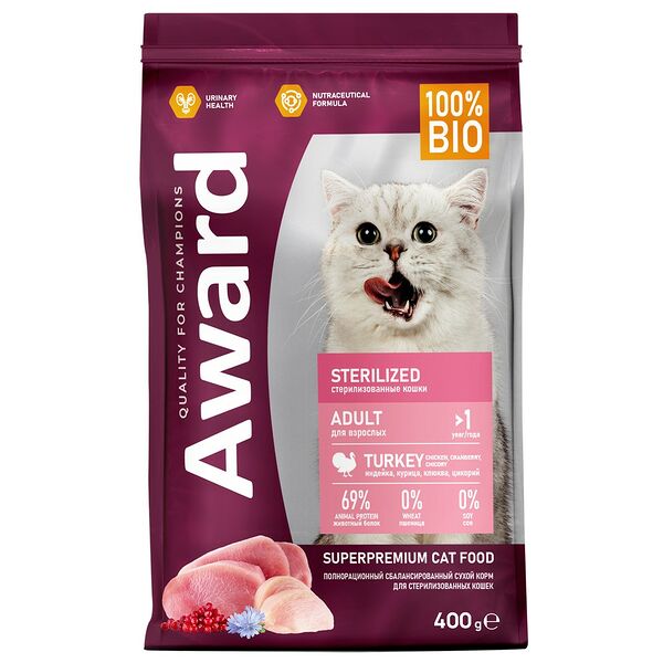 Сухой корм для стерилизованных кошек Award Sterilized с индейкой и курицей с добавлением клюквы и цикория 400 г