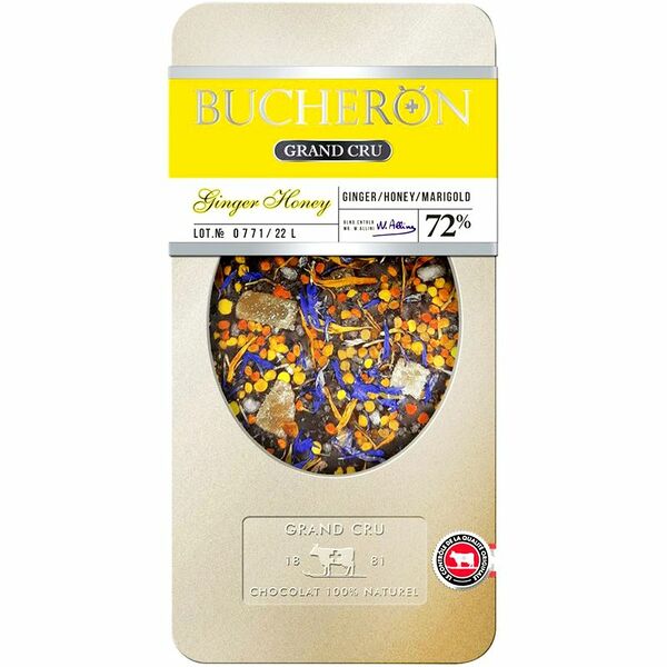 Шоколад горький Bucheron Grand Cru с имбирем, медовыми гранулами, цветочной пыльцой, лепестками василька и календулы