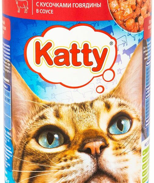 Корм влажный Katty с кусочками говядины в соусе для кошек 415г