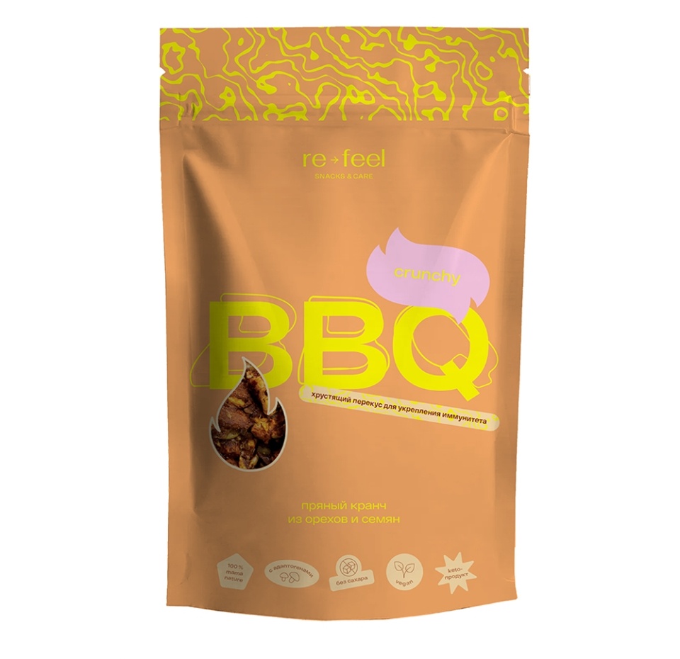 

Снеки хрустящие пряные Re-feel Crunchy Bbq из орехов и семян с адаптогенами кето, веган, 75 г