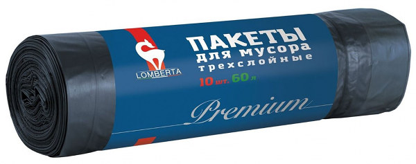 Пакеты для мусора Lomberta 3х слойные 60 л, 10 шт 