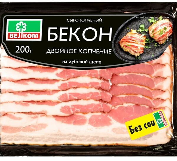 Бекон Велком сырокопченый двойное копчение нарезка 200г