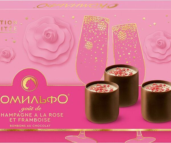 Коробки конфет КОМИЛЬФО  со вкусами шампанского, розы и малины