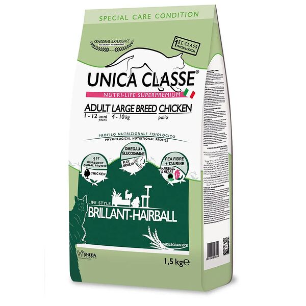 Adult Large Breed Brillant-Hairball Сухой корм UNICA для кошек крупных пород, с курицей, 1,5 кг