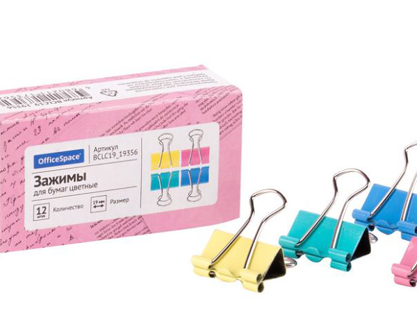 Зажимы для бумаг 19мм officespace 12шт цветные картонная коробка