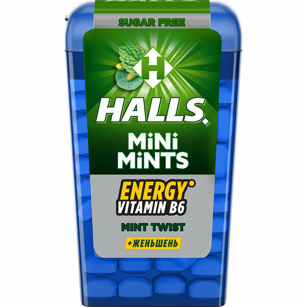 Конфеты Halls Mini Mints с витамином В6 и экстрактом женьшеня без сахара, 12.5 г