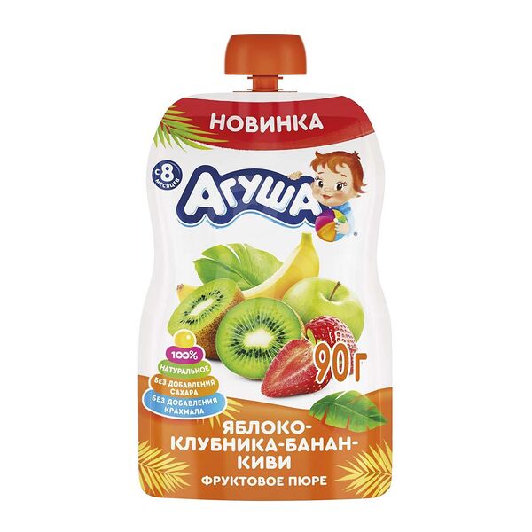 Детское питание Пюре Агуша 90гр  Яблоко Банан Клубника Киви дой-пак