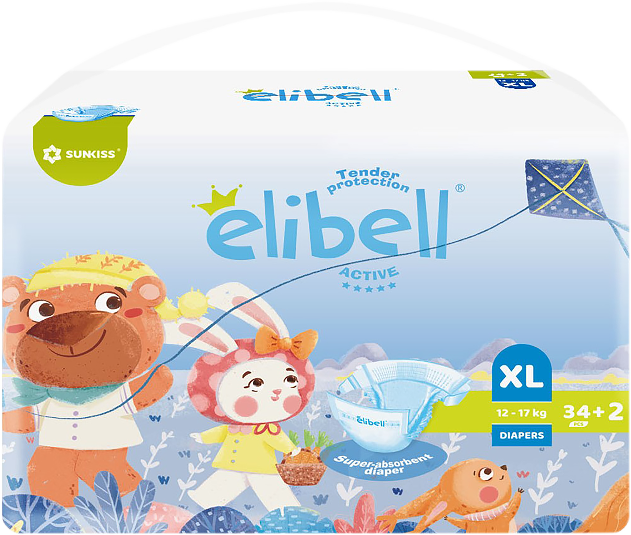 

Подгузники детские ELIBELL Active XL 12–17кг, 36шт