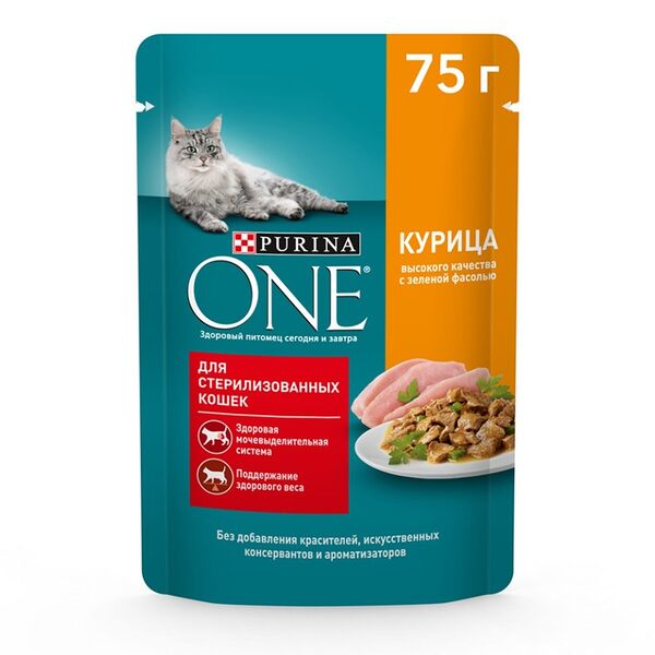 Влажный корм Purina One для стерилизованных кошек, с курицей и зеленой фасолью 75 г
