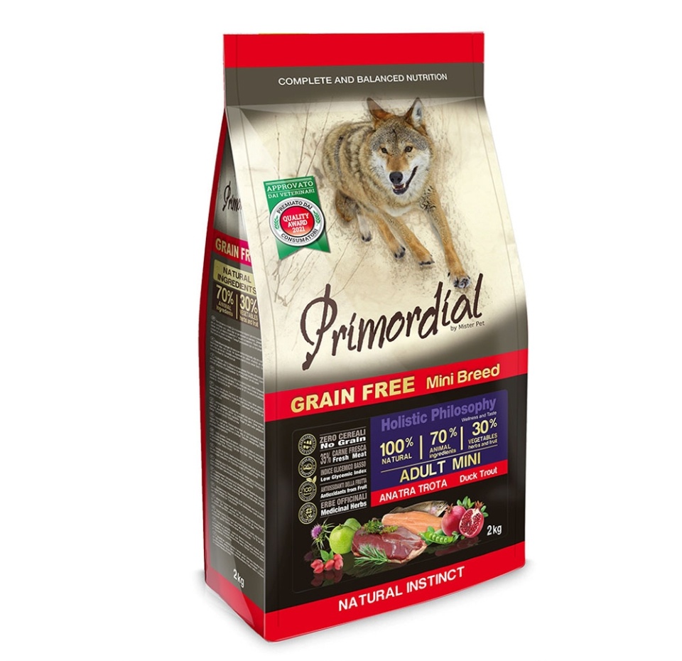 

Корм сухой Primordial Adult Mini для собак мелких пород беззерновой Форель утка, 2 кг