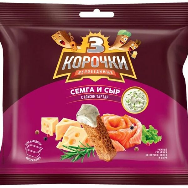 Сухарики Три корочки со вкусом сёмга с сыром 60г + соус тартар 25мл