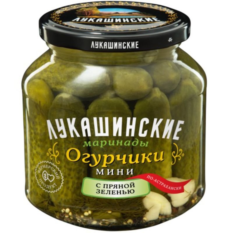 

Огурчики по-астрахански Лукашинские мини, с пряной зеленью, 340 г