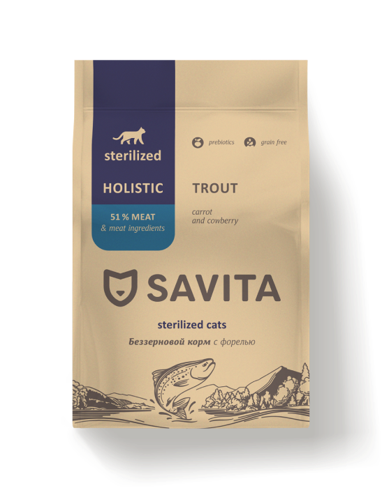 

Сухой беззерновой корм Savita для стерилизованных кошек с форелью 400 г