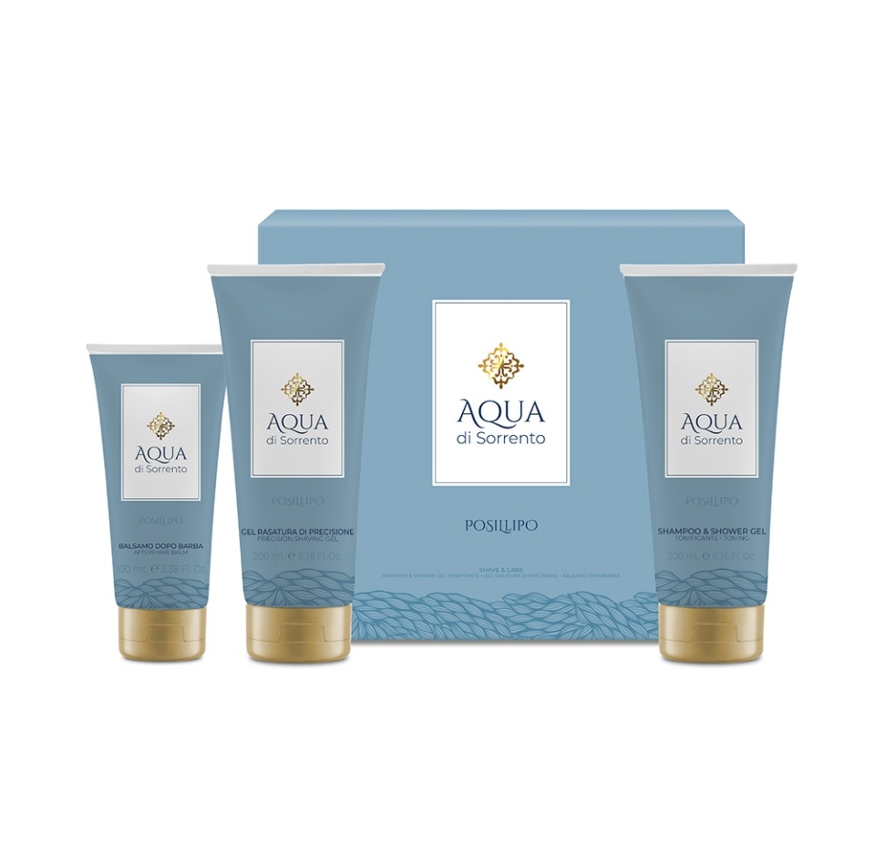 

Набор подарочный Posillipo: шампунь-гель для душа 200 мл, гель для бритья 200 мл, бальзам после бритья 100 мл, Aqua di Sorrento, Италия