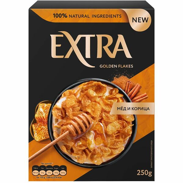 Хлопья Extra Golden с медом и корицей кукурузные, 250г