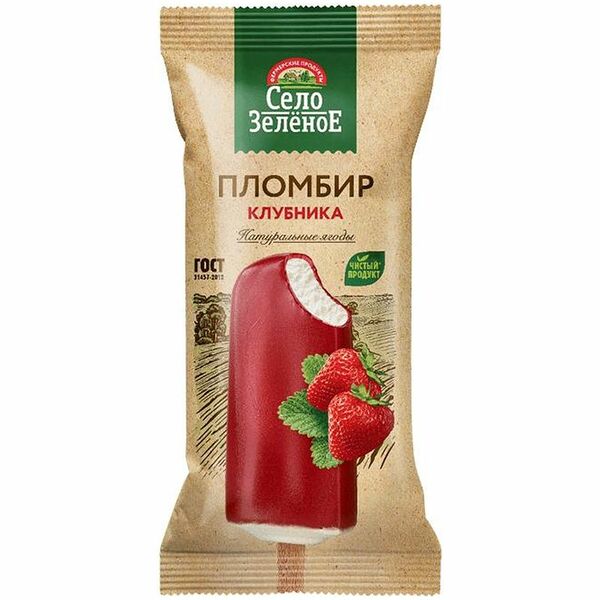 Мороженое пломбир Село Зелёное клубничное во фруктовой глазури 15% 70г