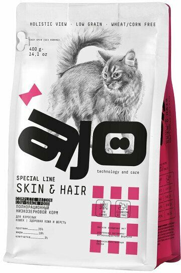 Сухой корм для кошек Ajo здоровая кожа и красивая шерсть с индейкой, курицей и лососем