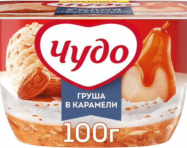 Десерт Чудо творожный груша в карамели с пломбиром и миндалём 4.2% 100г