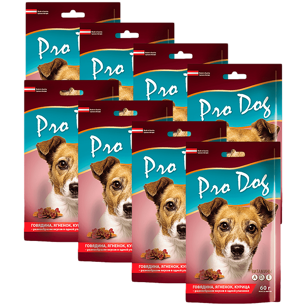 Лакомство для собак PRO DOG говядина, ягненок, курица 60г (упаковка - 8 шт)