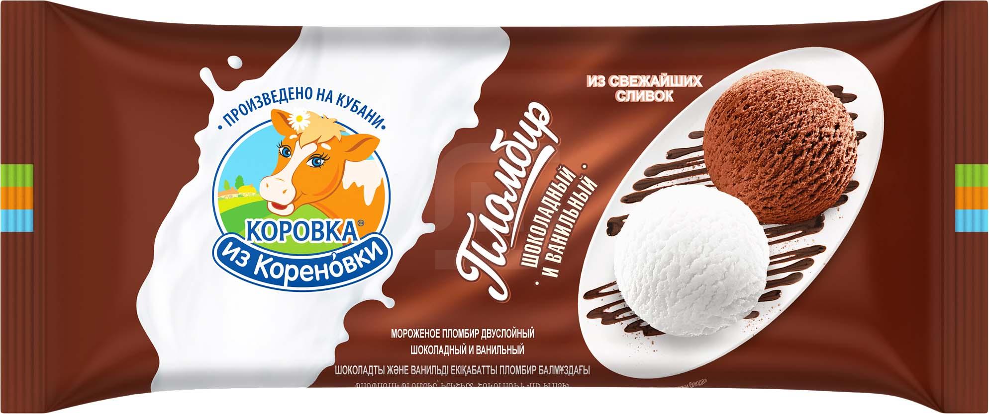 

Мороженое Коровка из Кореновки Пломбир шоколадный и ванильный