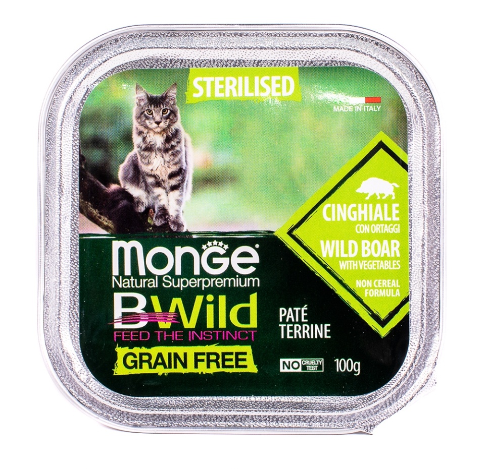 

Корм для кошек Monge Cat BWild Grain free для стерилизованных кошек беззерновой, из кабана с овощами, 100 г Италия
